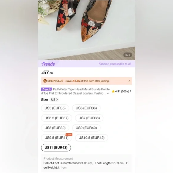 SHEIN Floral Pointed Toe Ballet Flats Cottagecore Balletcore EU 43 Size 10/11 - Picture 6 of 13